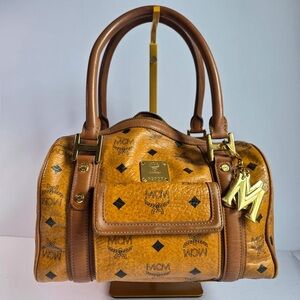 MCM Visetos Cognac satchel with Front Pocket and Gold MCM Charm